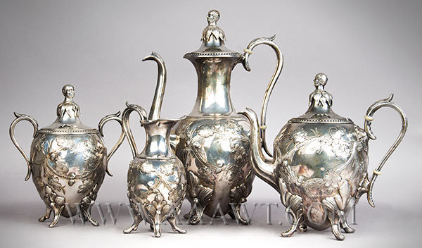Four Piece Silver Plated Coffee and Tea Set, Daniel Webster Finials
Signed, Taunton Britannia Silver Plate Company 
Taunton, Massachusetts
First half 19th Century, entire view